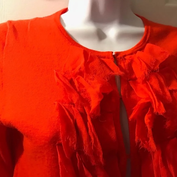 J.CREW Merino 100% Wool Lili Ruffle Chiffon Cardigan Sweater Vibrant Orange Knit - Picture 5 of 10